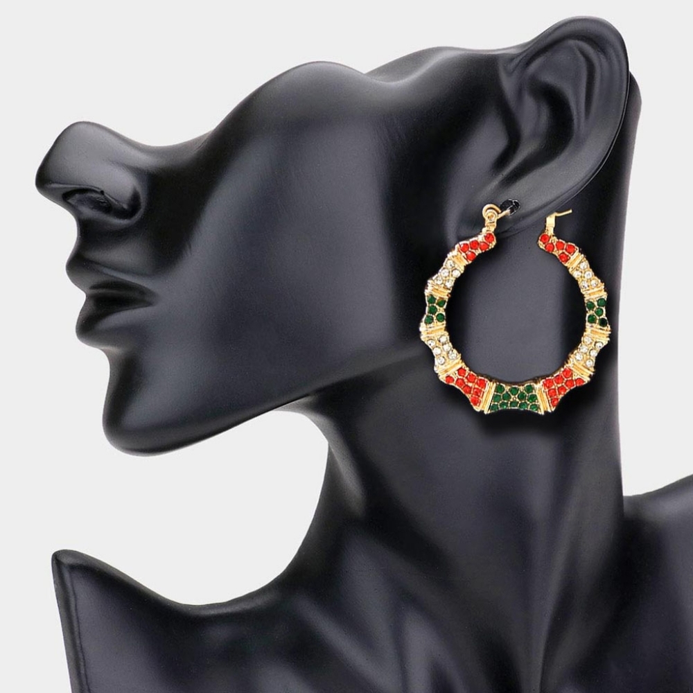Gold Green Bamboo Door Knocker Earrings Trendy Crystal Rhinestone Hoop Jewelry